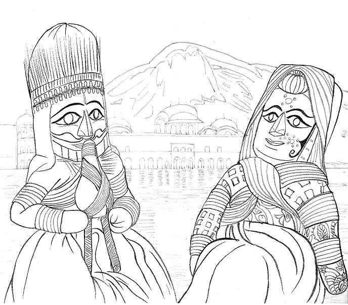 ジャイプールのジャルマハルと人形の塗り絵